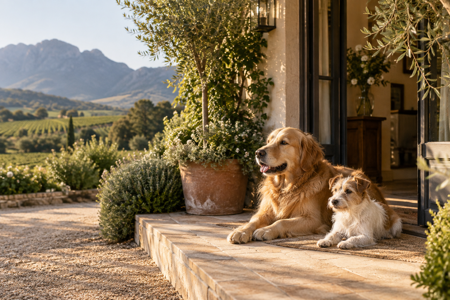 Two dogs relaxing by a home in the Cape Winelands