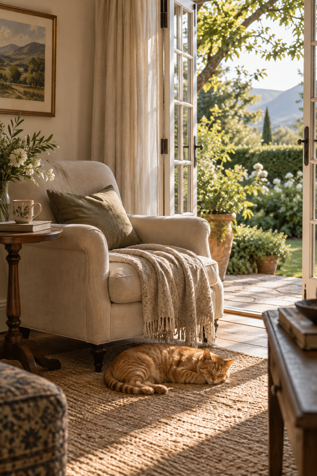 A cat resting comfortably at home